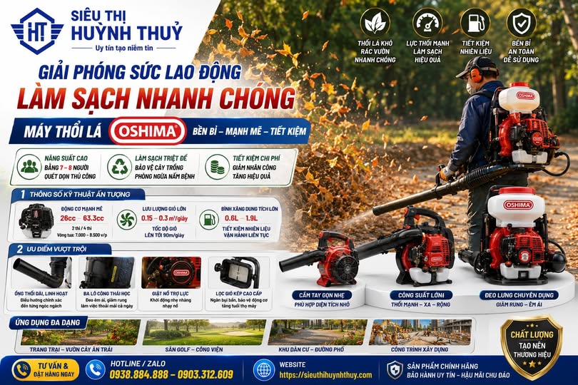 Máy thổi lá Oshima GIẢI PHÁP LÀM SẠCH BỀ MẶT VÀ THU GOM RÁC VƯỜN DIỆN TÍCH LỚN