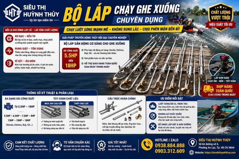Bộ Láp Gắn Động Cơ Xăng Cho Ghe Xuồng 5.5HP – 18HP Chất Liệu Inox & Thép