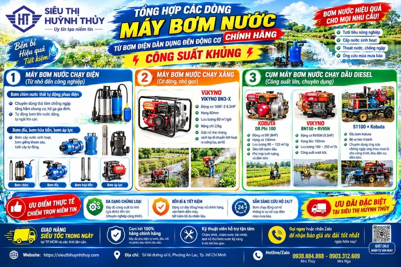 Tổng Hợp Các Loại Máy Bơm Nước Chạy Điện, Chạy Xăng Và Động Cơ Dầu Diesel Chính Hãng